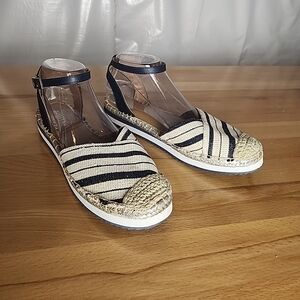 Nautica Nadana Espadrille Sandals Women 8 Navy Tan Stripe Ankle Strap Coastal